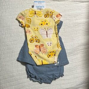 Carter's Yellow Butterfly Baby Bodysuit Set & Chambray Dress with bottoms